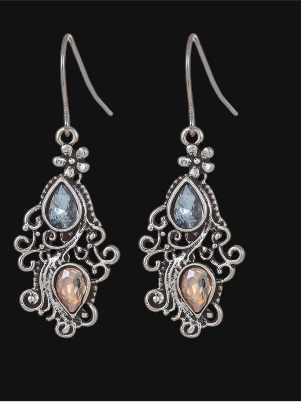 Ornate Boho Silver Teardrop Dangle Earrings with Blue and Champagne Stones